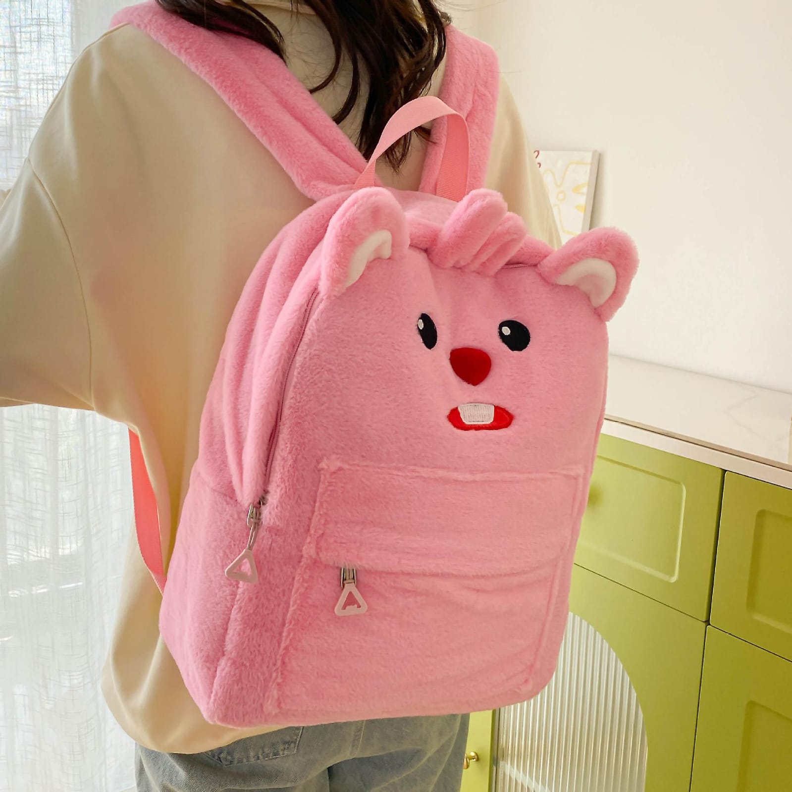 Cute Bunny Plush Backpack – Fluffy School Bag with Front Pocket.