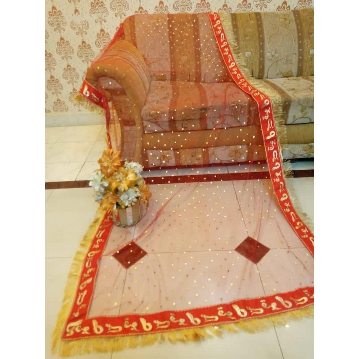 Nikkah Bridal Red Dupatta with Qabool Hai Embroidery & 4-Side Kiran Lace – Premium Wedding Veil for Bride